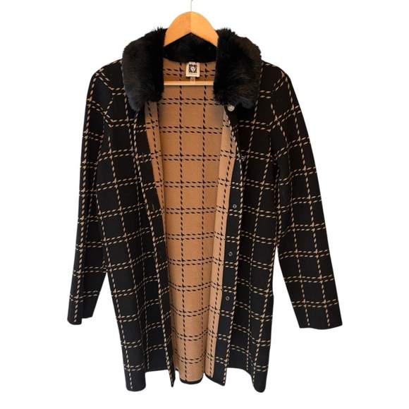 ANNE KLEIN Faux Fur Detachable Collar Plaid Knit Coat, Womens size Small - Picture 6 of 16
